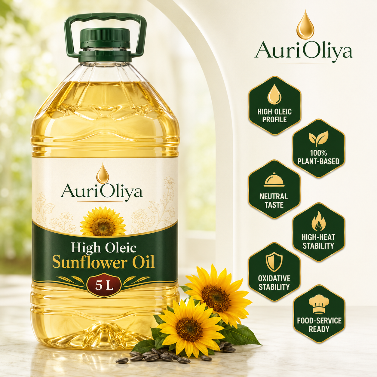 Sunflower oil bottle with sunflowers