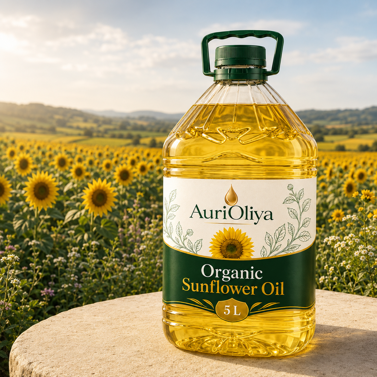 Sunflower oil bottle in field