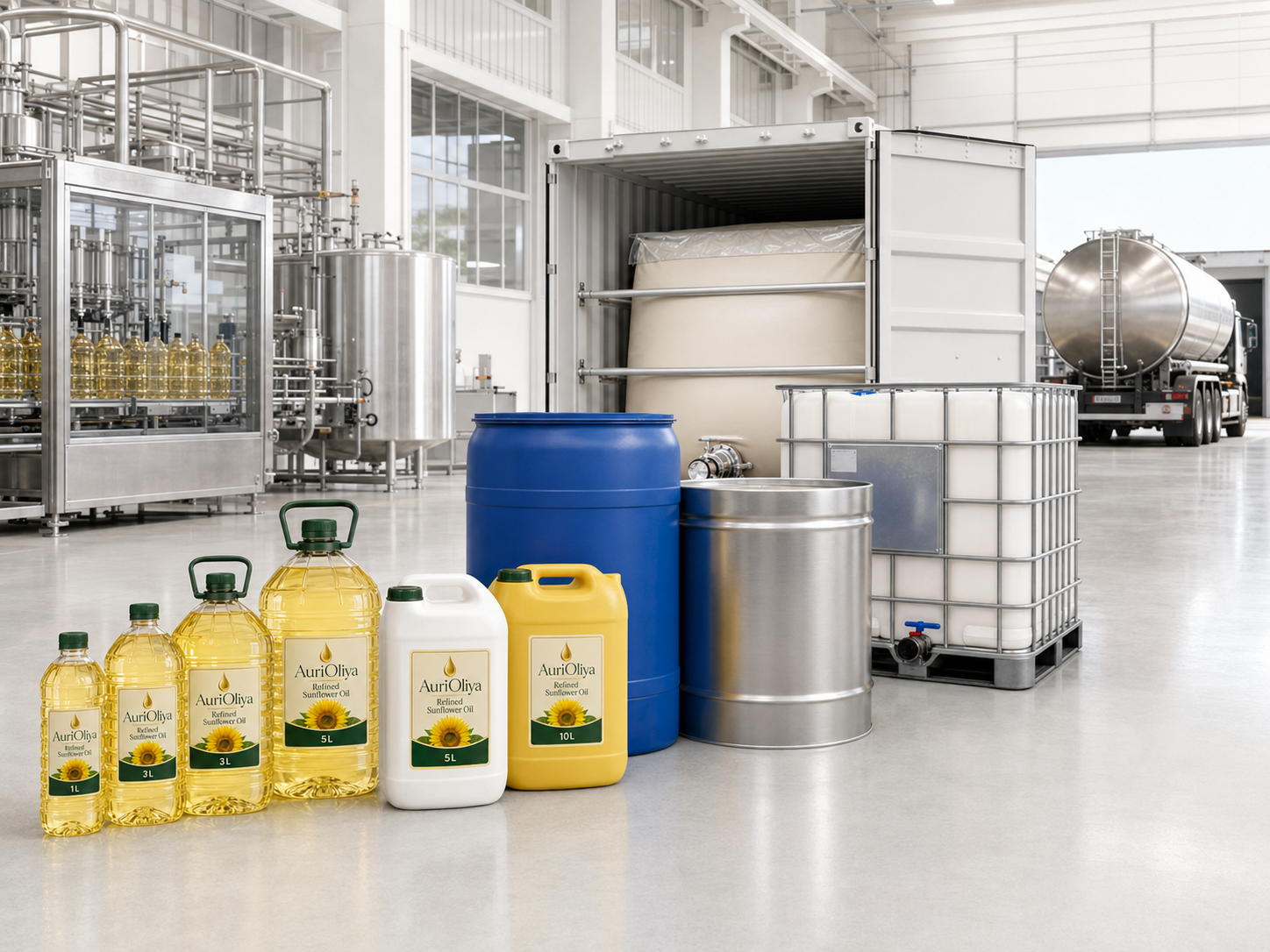 Sunflower oil packaging formats including drums, IBC and bottles