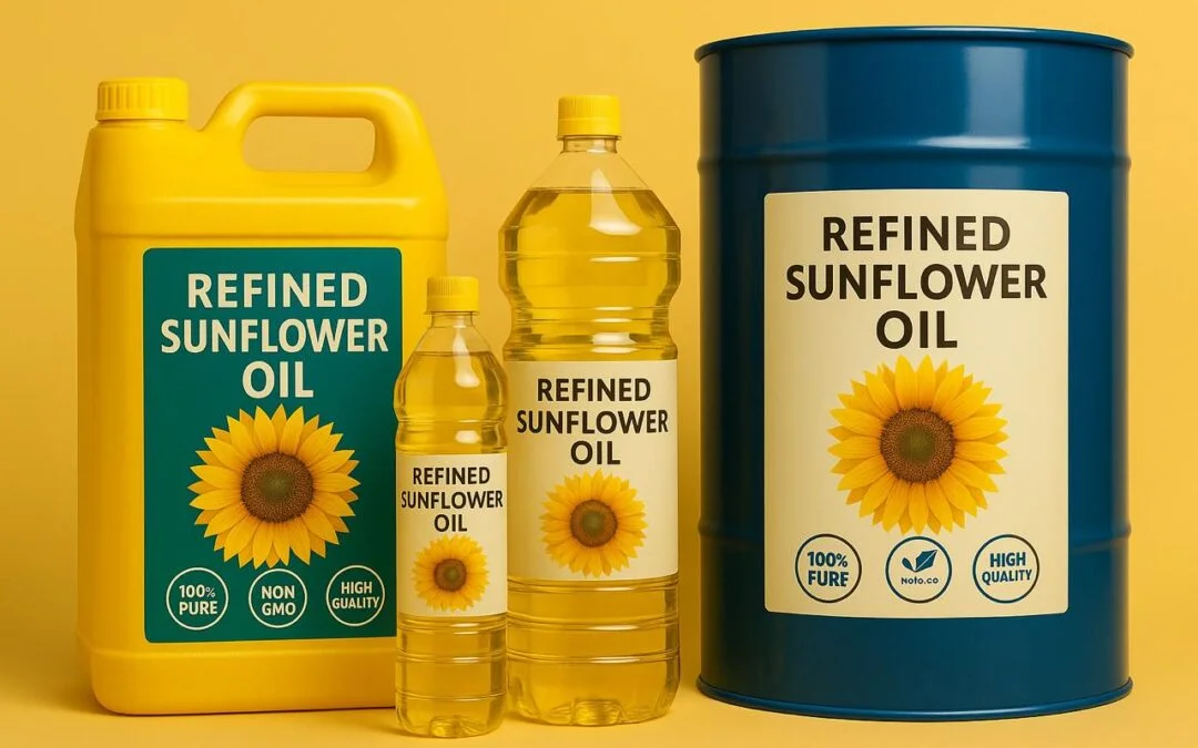 Refined sunflower oil in bottle, jerrycan and drum