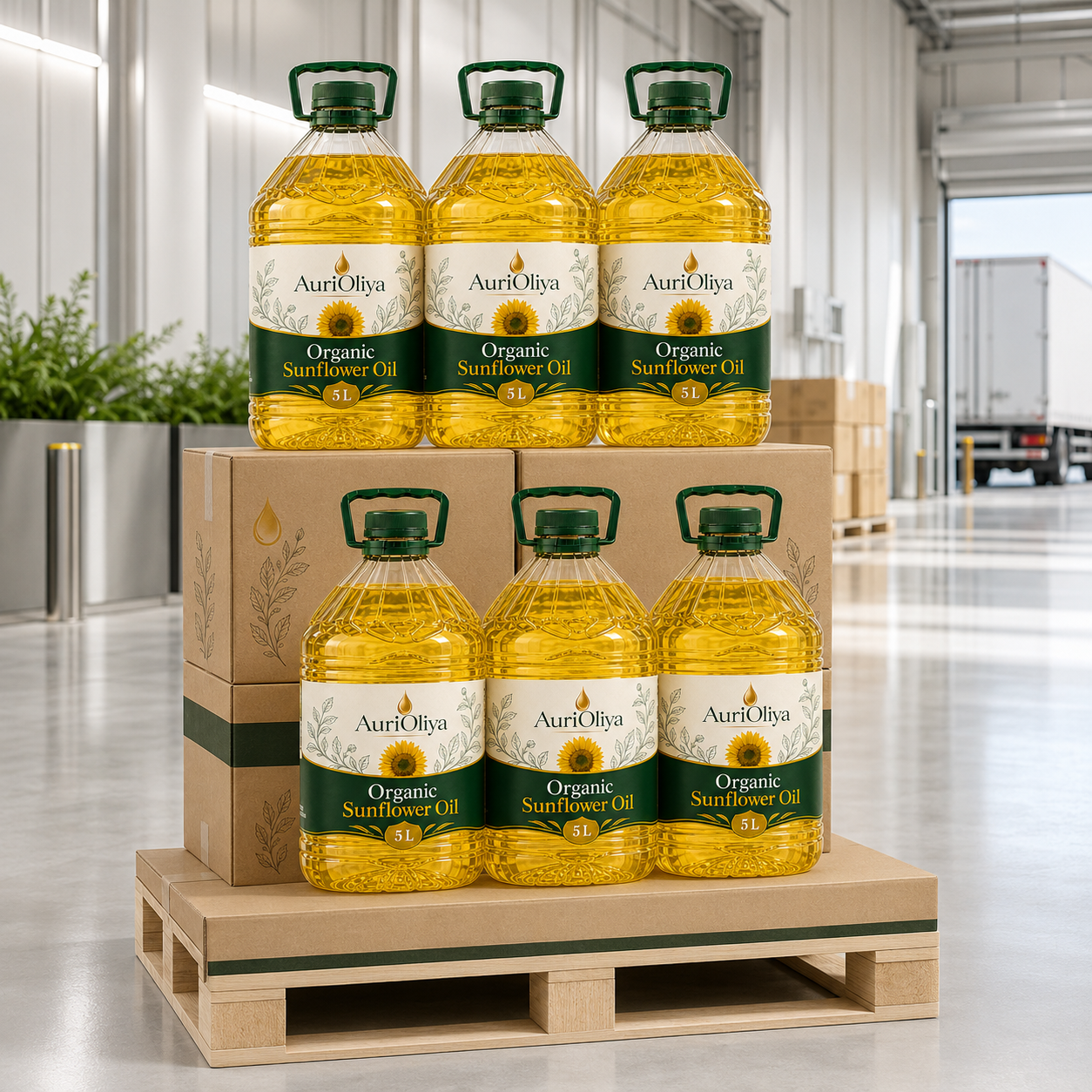 Bottles of organic sunflower oil stacked